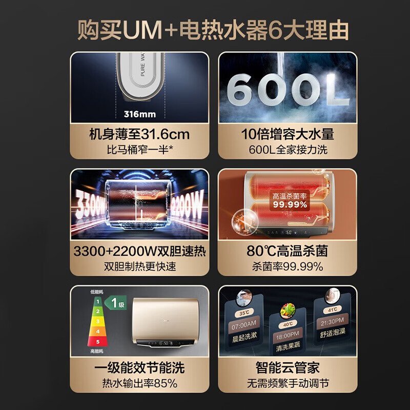 美的电热水器 免更换镁棒 60L U型设计 3.3KW UM+(UD同款)