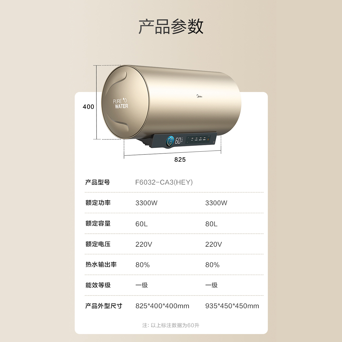 美的美颐享60升电热水器 出水断电一键呼救 3300W变频速热 F6032-CA3(HEY)