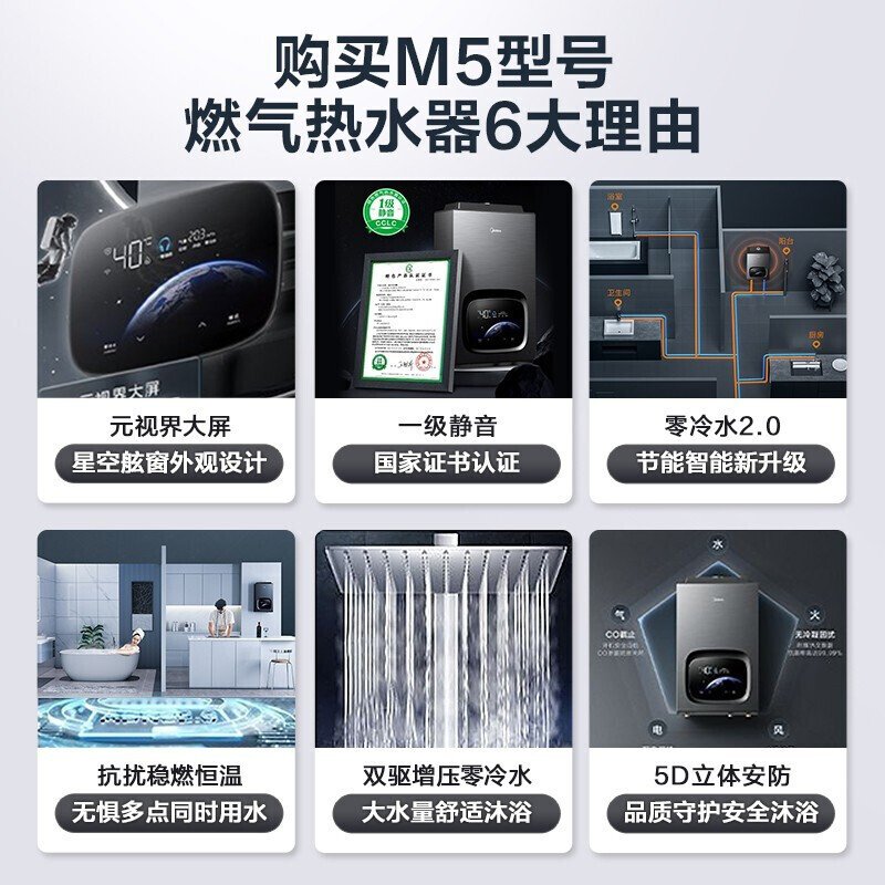 【年度推荐】美的 燃气热水器 16L 静音 增压零冷水 JSQ30-M5(AIRPRO同款）天然气
